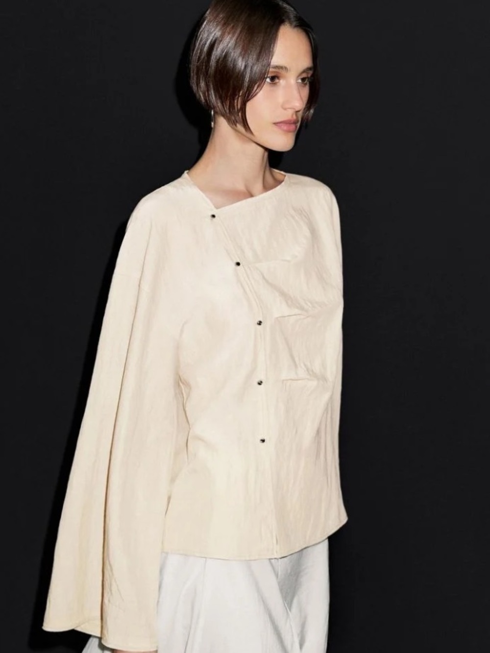 Massimo Dutti Cream Mandarin-Collar Long Sleeve Shirt